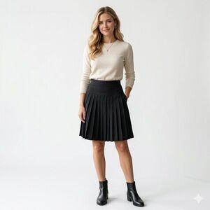 Vintage Pleated Black Wool Women's Skirt - Classic A-Line Style Size 6